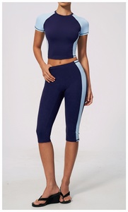 Navy <b>Blue</b> Color Blocking Yoga Set High Waist Calf-Length Leggings Spaghetti Strap Sports <b>Bra</b> Seamless Activewear Two Piece - Product Image 6
