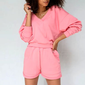 ชุดวอร์ม2ชิ้นของผู้หญิงวัสดุผ้าฝ้าย100% แห้งเร็วเสื้อสเวตเชิ้ตและกางเกงขาสั้นระบายอากาศได้กำหนดโลโก้ได้ตามต้องการ - Product Image 3