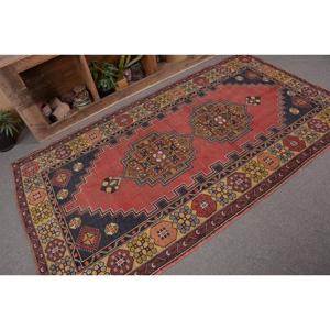 Vintage Turkish Rug 4.1x7.5 ft, <b>Red</b> Area Moroccan <b>Wool</b> Rug - Product Image 4