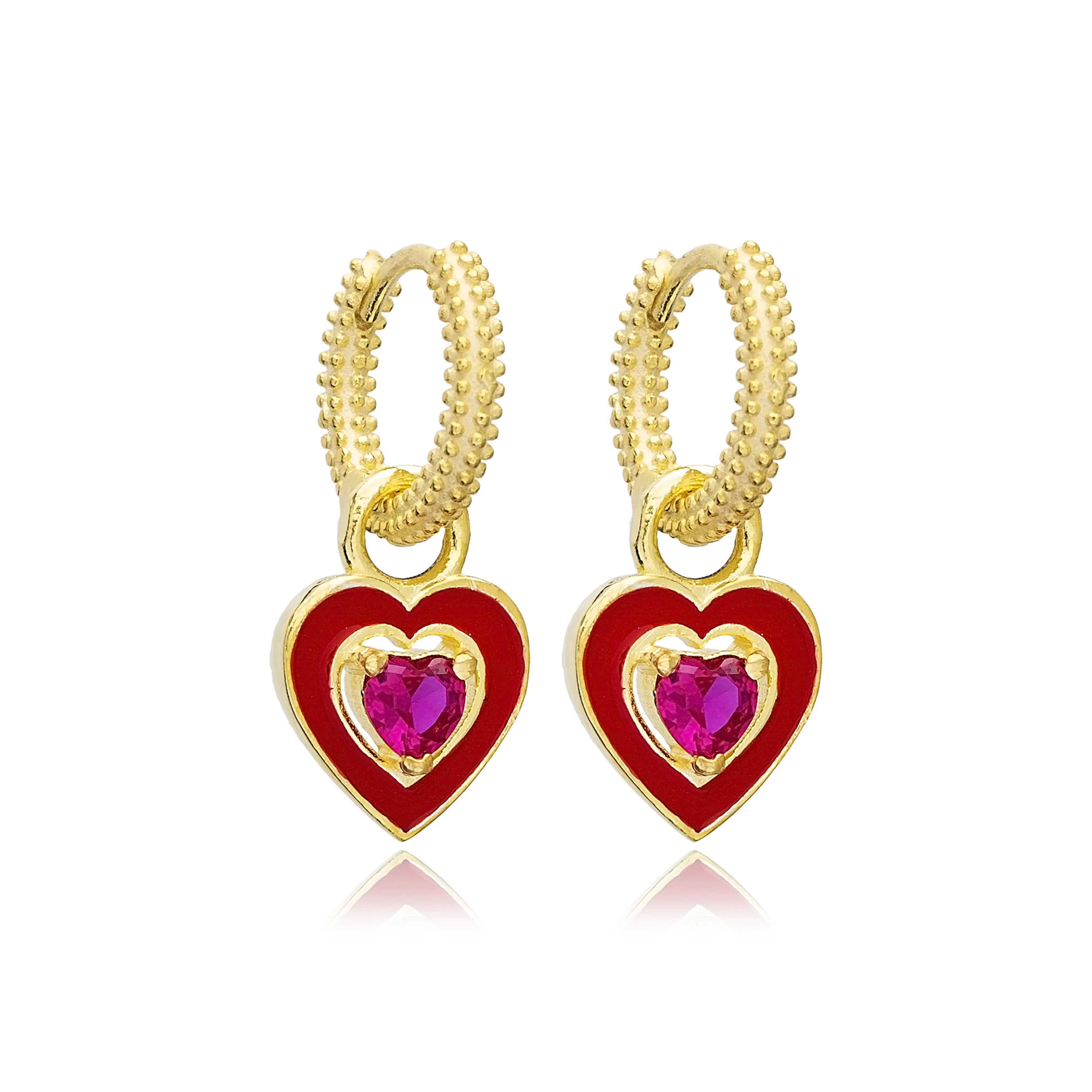 Heart Design Red Enamel Ruby Stone Dangle Hoop Earring Turkish Handcrafted Wholesale 925 Sterling Silver Jewelry