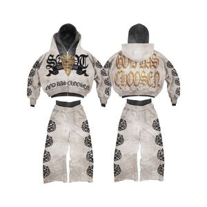 Ensemble survêtement unisexe personnalisé, streetwear d'hiver, surdimensionné, vintage, délavé à l'acide, avec strass, en coton et polyester lourd, 2 pièces - Product Image 1