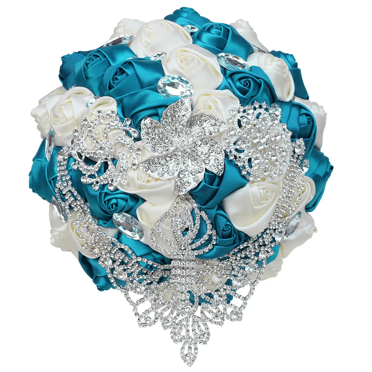 Artificial Silk Luxury Rose with Satin Ribbon Bridal Crystal Bouquets For Brides Bridesmaid Wedding Hand Holding Flower