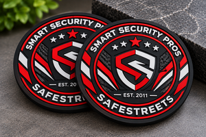 Patch de sécurité intelligent Safestreets en tissu non tissé gaufré 3D en caoutchouc, à coller, motif camouflage noir et rouge, en forme de cercle - Product Image 3