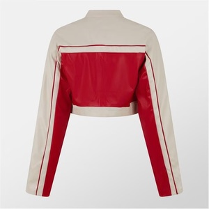 Vintage Women's Zip-Up Cropped Moto PU Faux Leather Jacket with Red Racing Badge <b>Block</b> Solid Style Motorbike Leather Moto Jacket - Product Image 2