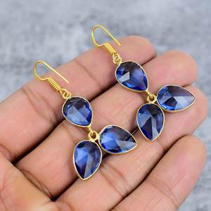 Boucles d'oreilles pendantes en argent sterling 925 plaqué or, forme poire, trois pierres précieuses, quartz tanzanite tendance, faites à la main, cadeau pour femme - Product Image 4