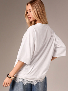 Oversized <b>White</b> Lace Hem Layered <b>Tee</b> Women's Shirts Loose Drop Shoulder Short Sleeve Cotton T-Shirt Crewneck Casual Blouses ODM - Product Image 2