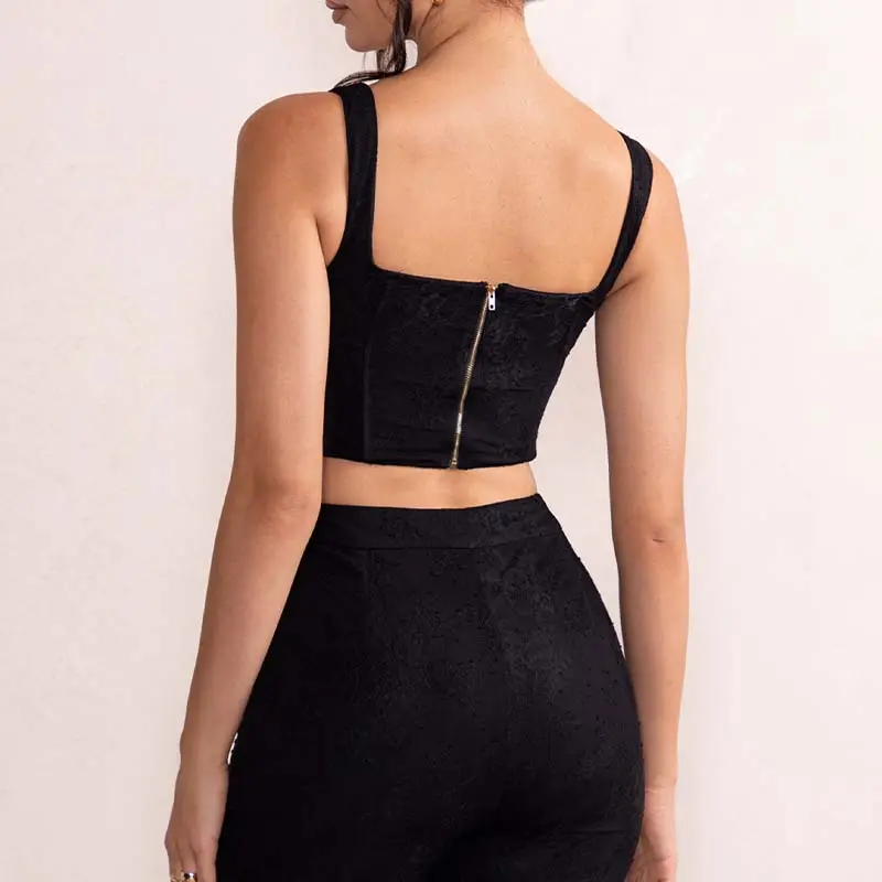 Square Neck Zip Sexy Sleeveless Wholesale Black Off Shoulder Modest Blank Lace Corset Women Plain Custom Crop Top With Logo