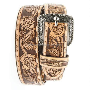 Stylish <b>Tooled</b> Floral Design 100% Full Grain Western <b>Leather</b> <b>Tooling</b> <b>Belt</b> for Unisex with Silver Finish Floral Buckle Set - Product Image 5