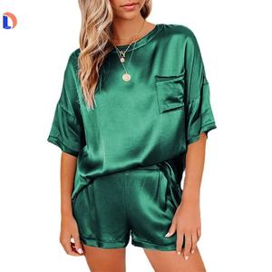 High Quality Women's Baggy Fit Wholesale Satin Silk Pajamas <b>Shorts</b> Set Lace Button Pattern Patches <b>Sequined</b> Decoration - Product Image 4