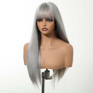 Skylar-DWY High Quality Long Straight Sliver Synthetic <b>Wig</b> Transparent Lace Bangs Small Cap Size 30 Inches Stretched for Women - Product Image 4