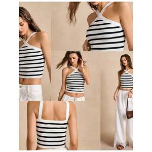 Débardeur court en tricot rayé à bretelles croisées pour femme, blanc et noir - Product Image 1