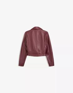 Womens <b>Burgundy</b> <b>Leather</b> Varsity <b>Jacket</b> Regular Moto Coat Belted Zip Asymmetrical Vintage Style Casual Fall Winter Top Cotton - Product Image 2