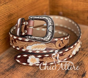 Best Selling Beautifully Hand Tooled Leather Flowers & Feather Buck Stitch <b>Belt</b> Western Genuine Leather <b>Belt</b> for Men and Women - Product Image 1