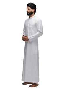 Venta superior ropa islámica manga larga hombres Thobe árabe Jubba árabe Thobe vestido árabe blanco teñido bolsillo personalizado parche hombres thobe - Product Image 5