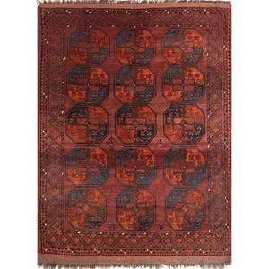 Alfombra Kiaan Grande de Lana Anudada a Mano, Diseño Geométrico Rojo Naranja, para Decoración de Sala de Estar, Pasillo, Modelo Paem-100, Rectangular - Product Image 1