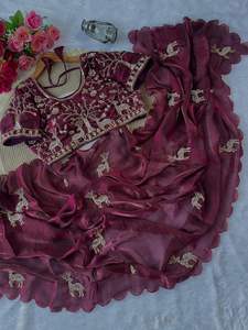 Sari Tradicional de Seda Suave con Bordado Completo, Diseño de Pájaro, Corte Butta, Ideal para Fiestas y Diwali - Product Image 2