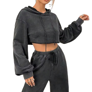 Haute qualité nouveauté coton fait femmes haut court à capuche 100% coton à manches longues vêtements décontractés mode culture sweats à capuche - Product Image 1