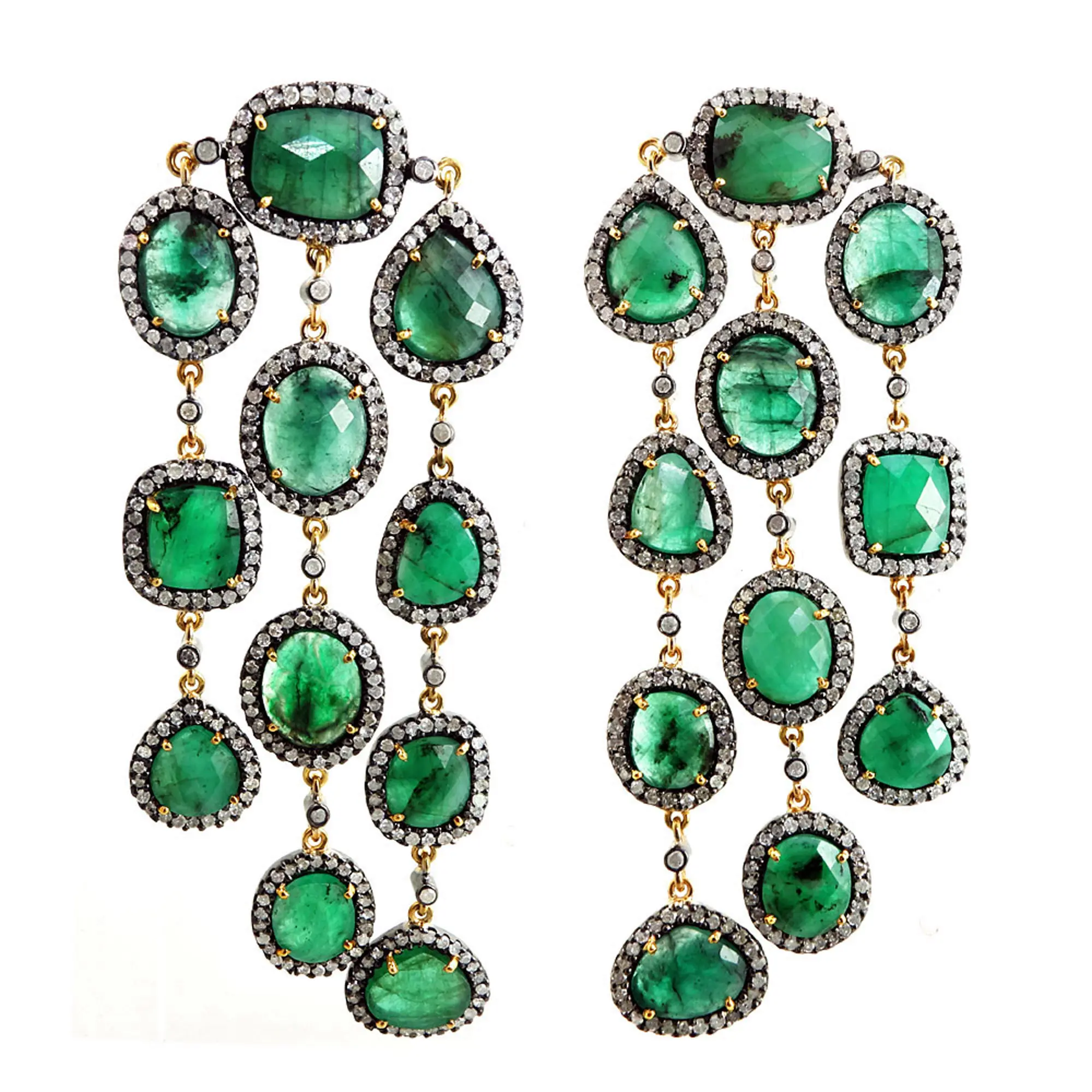 Real 14k Gold Pave Diamond Emerald Chandelier Earrings 925 Sterling Silver Gemstone Chandelier Earrings Fine Jewelry Wholesaler