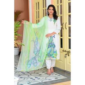 Chiffon Hand Painted Solid <b>Print</b> Kurta Top with Trousers & Dupatta (XXL/XXL) - Product Image 2