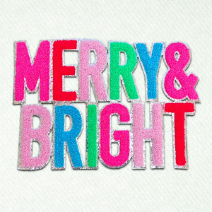 Patch Ricamata a Mano 'MERRY & BRIGHT' in Ciniglia <span class=keywords><strong>con</strong></span> Bordi Argentati e Perline su Tela Personalizzabile in Vari Colori - Product Image 1