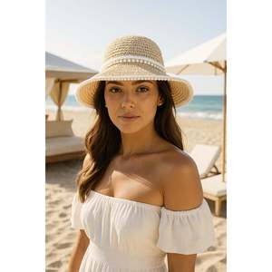 Beige Pearl Detailed Knitted Pattern Wide Brim Hand-Knitted Summer Straw <b>Hat</b> HSR2093 - bej2093 - Product Image 1