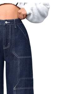 Jeans cargo à jambes larges en indigo foncé pour femmes, pantalon en denim taille haute, surpiqûres contrastées, poches utilitaires, streetwear, fournisseur OEM - Product Image 2