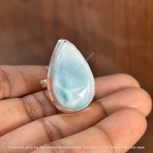 Anillos de Piedras Preciosas de Larimar Natural de Alta Calidad, Anillos de Moda de Piedras Preciosas de Latón Chapados en Plata de Ley al por Mayor, Joyería Impermeable - Product Image 3