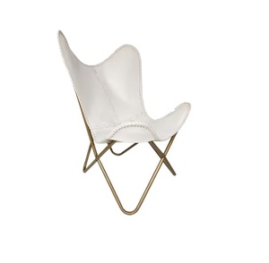 Chaise papillon en cuir de couleur blanche avec support doré, chaise de remplacement en cuir véritable - Product Image 5