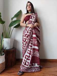 In Rood & Oranje Kleur Rand Met Streepprint Handblok Bagru Bedrukt Zacht Malmal Katoen Sari Met Blouse Ideaal Voor Wederverkoop - Product Image 3
