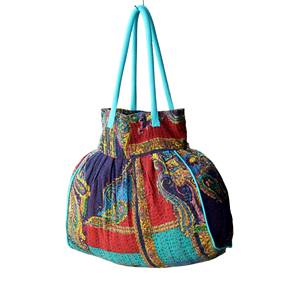 Bolso de mano Kantha de algodón con estampado de bloques hecho a mano, bolso de compras bohemio vintage regular con dos asas y cierre de aro - Product Image 2