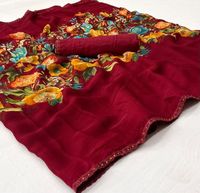 Sari en Chiffon de Soie Pure Blossom avec Bordure en Dentelle Fantaisie, Léger, Imprimé Floral Numérique, Tendance, Décontracté, Design Ethnique