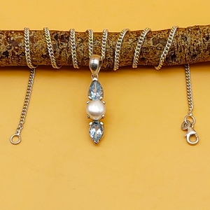 อัญมณีสีฟ้าบุษราคัมและไข่มุกช่างฝีมือที่ทำขึ้น925เงินแท้สร้อยคอออกแบบโดยดีไซเนอร์ของขวัญสำหรับผู้หญิงขายส่งเครื่องประดับ - Product Image 1