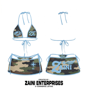 Conjunto de Bikini para Mujer, 220 GSM, Poliéster Premium, Estampado de Camuflaje, Ribete Azul Claro, Top Triangular con Escote Pronunciado, Cintura Alta, Relleno Extraíble - Product Image 1