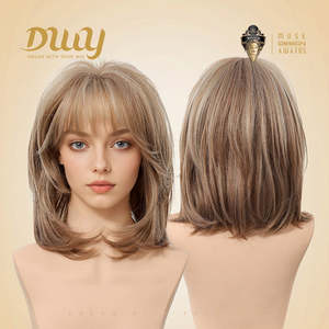Cici-DWY MiraScalp Short-length <b>Bob</b> Synthetic <b>Wig</b> Light Brown with Blonde Highlights Glueless and Transparent Lace Color - Product Image 4