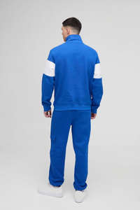 Men's Cobalt Blue Regular-Fit Diamond <b>Colour</b>-<b>Block</b> Zip Funnel-Neck Tracksuit Plus Size Stylish Casual Unisex Sportswear Set Gym - Product Image 3