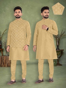 Vêtements de fête traditionnels indiens, soie épaisse Banglori avec intérieur en kurta avec pyjama et veste koti pour hommes, prix de gros - Product Image 5