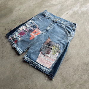 Mens Denim Shorts Custom High Quality Logo Distressed Embroidery Patch Y2K Style <b>Raw</b> <b>Hem</b> Trimming Casual <b>Jeans</b> - Product Image 4