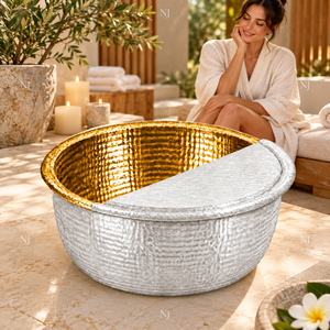 Fauteuil de pédicure rond en cuivre martelé avec intérieur doré et système de jets sans tuyauterie à capot argenté pour salon de manucure et spa - Product Image 5