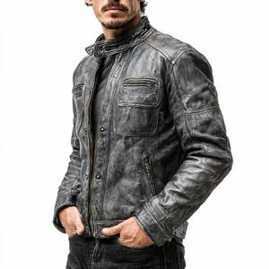 Veste en cuir de moto pour homme en peau de mouton véritable avec fermeture éclair, col montant, logo frontal, coupe-vent - Product Image 2