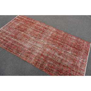 Vintage Turkish Rug <b>Red</b> 3.7 X 6.9ft Large Area Patchwork Design Wool with <b>Latex</b> Backing for Hallway or Bedroom New Model - Product Image 4