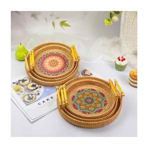 Bandeja de servicio redonda elegante más vendida con exquisitas Incrustaciones de nácar y detalles de ratán tejido para la decoración del hogar - Product Image 3