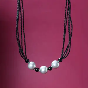Black <b>Bead</b> Silver Ball <b>Necklace</b> for Women Trendy Religious Style Pearl Diamond Rhodium Plated for Wedding Gift Religious Jewelry - Product Image 3