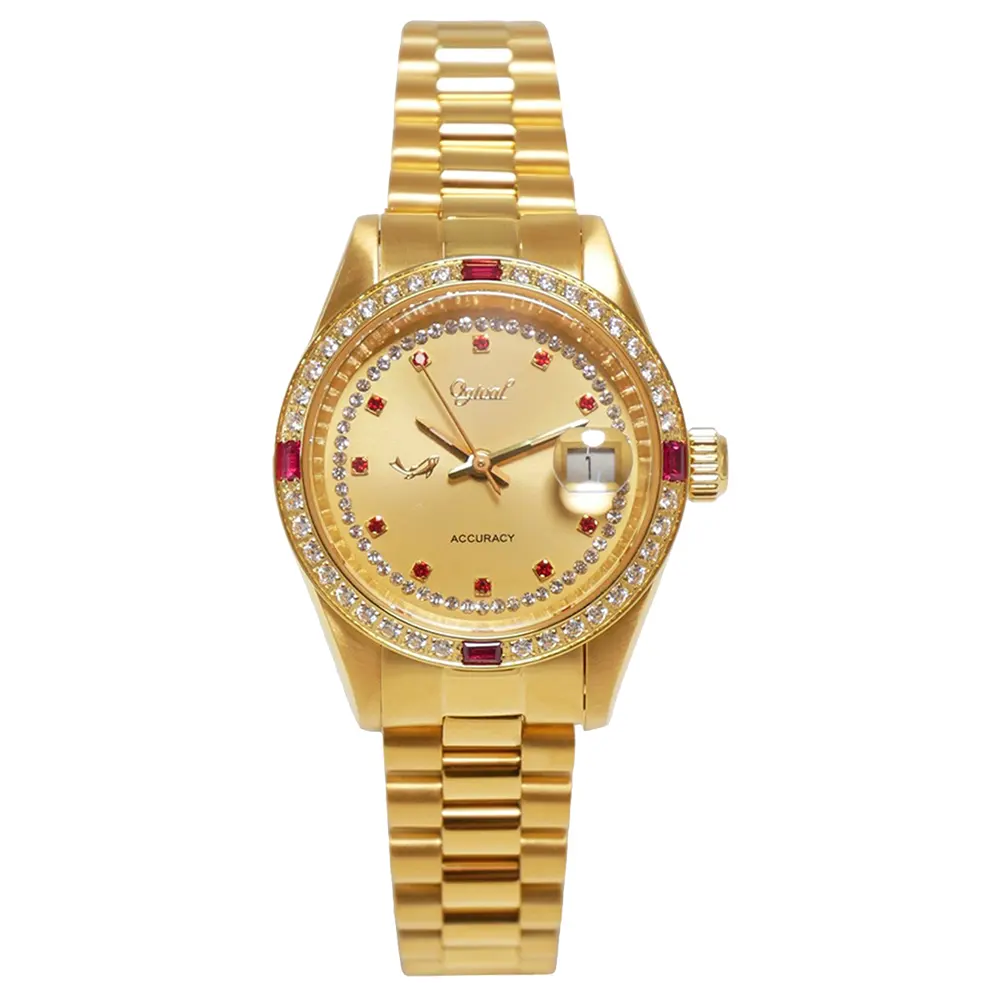 Ogival brand watch Elegant Ruby Gold Fashion Sapphire Crystal Mirror with Date Display Swiss Movement Quartz Watch for women