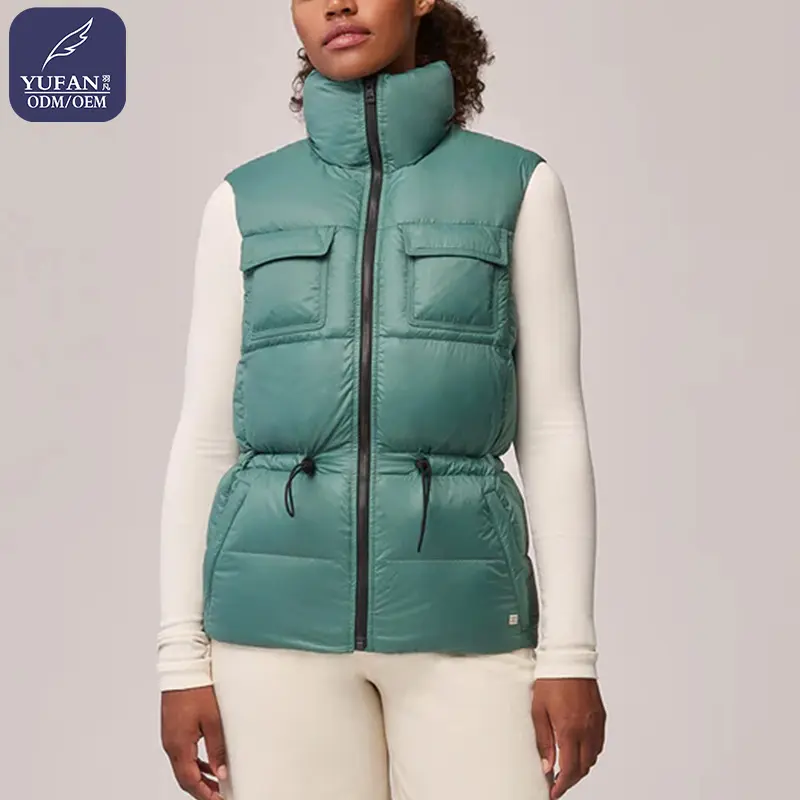 Yufan personalizado 2023 invierno lago Azul mujer abajo chaleco bolsillo frontal soporte cuello abajo chaqueta cordón cintura abajo chaleco