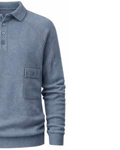 เสื้อโปโลไหมพรมขนสัตว์ผู้ชายสีเทา ผลิตโดยผู้ผลิต เสื้อกันหนาวแขนยาวแบบสวม ปิดด้วยกระดุม สไตล์ลำลอง อุ่นสบาย ผ้าถักเนื้อหนา - Product Image 3