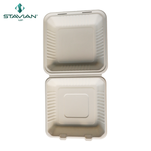 Clamshell Takeaway Box 8x8 pulgadas 1070ml Logotipo personalizado Biodegradable Fibras a base de plantas Caja de bagazo para alimentos sin productos químicos tóxicos - Product Image 5