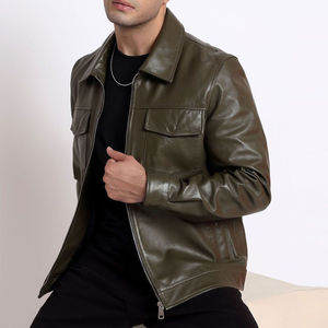 Chaqueta de Cuero para Hombre, Estilo Moderno, de Manga Larga, con Cuello Alto, Chaqueta de Cuero Genuino para Motociclista, de la Marca Trendy Outfit Factory Outlet - Product Image 5