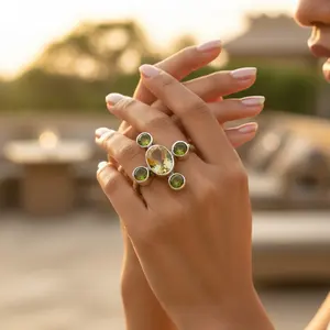 แหวนเงินแท้ 925 สำหรับผู้หญิง ลายเรขาคณิต ประดับด้วยพลอยซิทรินและเพอริดอต ชุบโรเดียม เครื่องประดับคุณภาพสูง สไตล์แพลตตินัม - Product Image 1