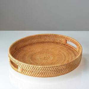 Vietnam Handmade Bamboo <b>Round</b> <b>Trays</b> Eco Friendly Elegant Deluxe Serving <b>Tray</b> with Decorative Rattan Details for Cafe Use-SR2023 - Product Image 3
