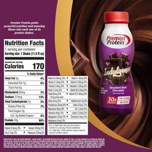 Batido de Proteína Premier INDULGENCE, Chocolate Negro Decadente, 30 g de Proteína, 170 Calorías, 3 g de Azúcar, 11.5 fl oz, Paquete de 12 - Product Image 3